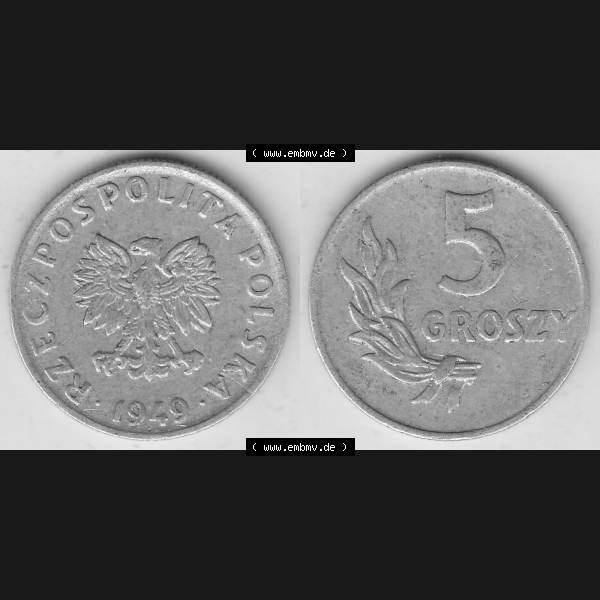 Grau bzw. s/w Münzen Polen KMS, Kursmünzensatz 1949-1949, Republik Polen 5 Groszy, Groschen, Aluminium 1949-1. Vorderseite und Rückseite horizontal mit Wert-Zahl / Wert-Angabe... Sammlung Graustufen
