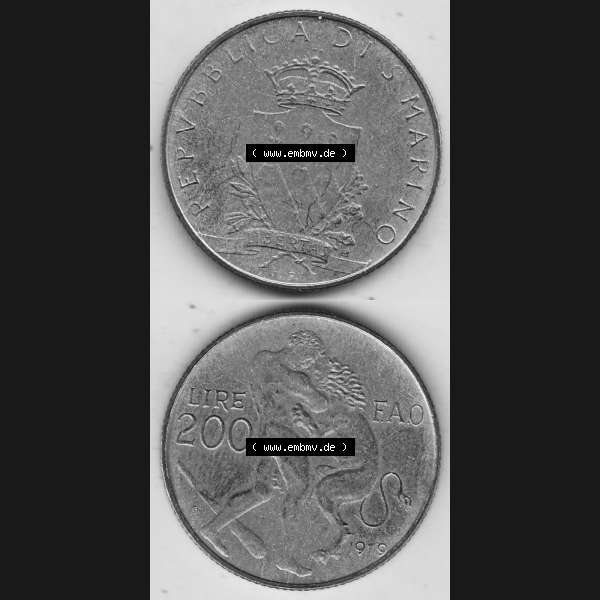 Grau bzw. s/w Bildmaterial Münzensatz / KMS 1979 aus San Marino 1979-1979, 200 Lire, L.200, J. V. LIBERTAS REPVBBLICA DI S. MARINO, 1979 L.200.... Sammlung Graustufen
