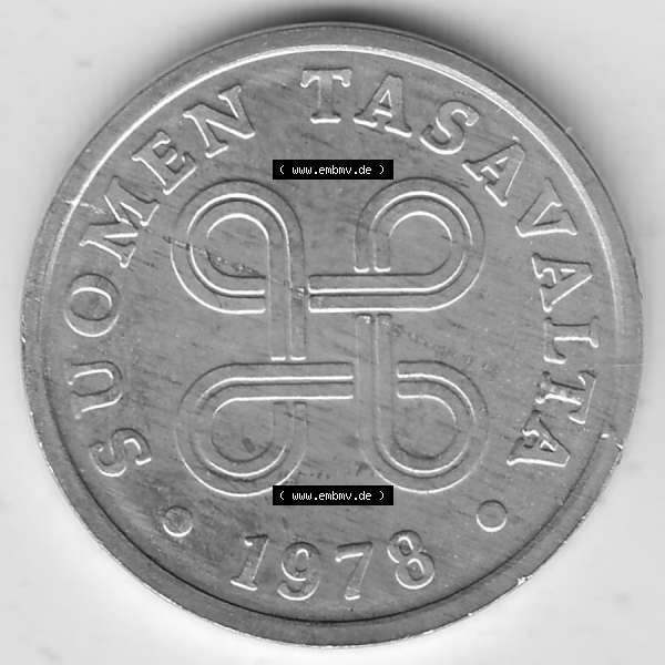 Grau bzw. s/w Alte Münzen KMS Finnland, Kursmünzensatz 1978 in Stempelglanz 1977-1990, 5 Penny, 1978-1. Vorderseite einer Münze aus offiziellen KMS / Kursmünzen bzw.... Sammlung Graustufen