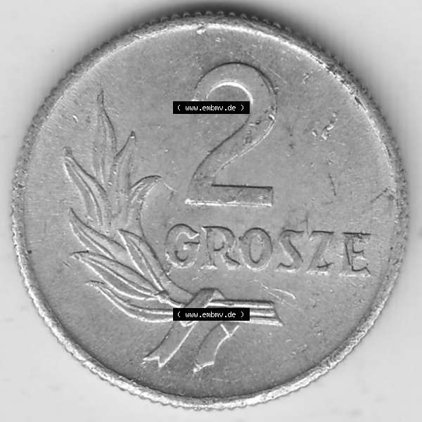 Grau bzw. s/w Münzen Polen KMS, Kursmünzensatz 1949-1949, Republik Polen 2 Grosze, Groschen, Aluminium 1949-1. Rückseite mit Wert-Zahl / Wert-Angabe einer polnischen... Sammlung Graustufen