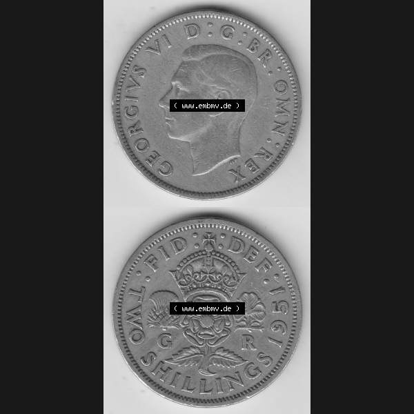 Grau bzw. s/w Alte Münzen Großbritannien Umlaufmünze 1949-1951, 2 Schilling, Shillings (Florin) 1951-3, George VI, GEORGIVS VI DG BR OMN REX, FID DEF TWO SHILLINGS.... Sammlung Graustufen