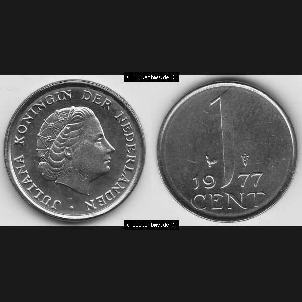Grau bzw. s/w Alte Münzen KMS Niederlande, Kursmünzensatz 1977, 1950-1980, 1 Cent, 1977-1, JULIANA KONINGIN DER NEDERLANDEN. Digitales Bild / Bildmaterial mit Vorderseite... Sammlung Graustufen