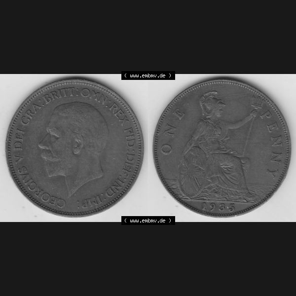 Grau bzw. s/w Alte Münzen Großbritannien Umlaufmünze 1928-1936, 1 Penny, ONE PENNY, 1935-1, BM GEORGIVS V DEI GRA BRITT OMN REX FID DEF IND IMP. Vorderseite und Rückseite... Sammlung Graustufen