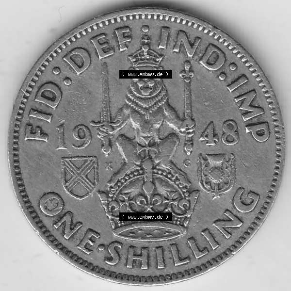 Grau bzw. s/w Alte Münzen Großbritannien Umlaufmünze 1947-1948, 2 Schilling - One Shillings 1948-2 Sitzender Löwe auf Krone. Rückseite der alten britischen Münze aus Großbritannien... Sammlung Graustufen