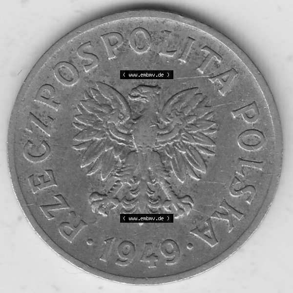 Grau bzw. s/w Münzen Polen KMS, Kursmünzensatz 1949-1949, Republik Polen 20 Groszy, Groschen, Kupfer 1949-1. Vorderseite einer polnischen Münzen auf einen Digitalen Bild... Sammlung Graustufen