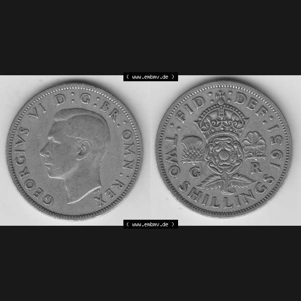 Grau bzw. s/w Alte Münzen Großbritannien Umlaufmünze 1949-1951, 2 Schilling, Shillings (Florin) 1951-2, George VI, GEORGIVS VI DG BR OMN REX, FID DEF TWO SHILLINGS.... Sammlung Graustufen