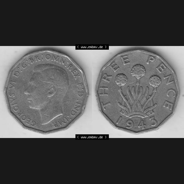 Grau bzw. s/w Alte Münzen Großbritannien Umlaufmünze 1937-1948, 3 Pence, Three Pence 1943-2, George VI, GEORGIVS VI D G BR OMN REX F D IND IMP. Vorderseite und Rückseite... Sammlung Graustufen