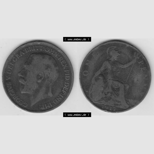 Grau bzw. s/w Alte Münzen Großbritannien Umlaufmünze 1911-1926, 1 Penny, One Penny, 1917-1, B.M. GEORGIVS V DEI GRA BRITT OMN REX FID DEF IND IMP. Vorderseite... Sammlung Graustufen