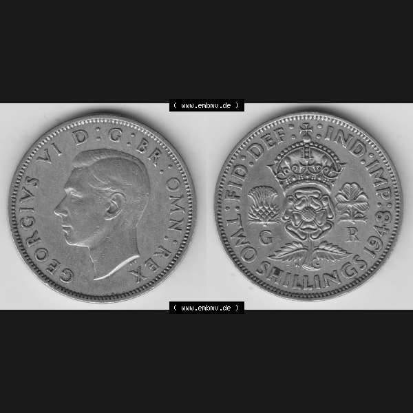 Grau bzw. s/w Alte Münzen Großbritannien Umlaufmünze 1947-1948, 2 Schilling-Florin, Two Shillings, 1948-4, George VI, GEORGIVS VI D G BR OMN REX, FID DEF IND IMP,... Sammlung Graustufen