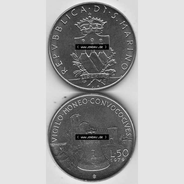 Grau bzw. s/w Bildmaterial Münzensatz / KMS 1979 aus San Marino 1979-1979, 50 Lire, J.P. LIBERTAS REPVBBLICA DI S. MARINO, L.50 VIGILO MONEO CONVOCO CIVES.... Sammlung Graustufen