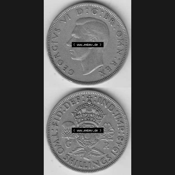 Grau bzw. s/w Alte Münzen Großbritannien Umlaufmünze 1947-1948, 2 Schilling-Florin, Two Shillings, 1948-1, George VI, GEORGIVS VI D G BR OMN REX, FID DEF IND IMP,... Sammlung Graustufen