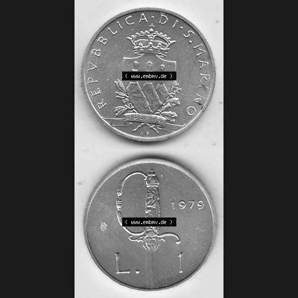 Grau bzw. s/w Bildmaterial Münzensatz / KMS 1979 aus San Marino 1979-1979, 1 Lira, 1 Lire, J. V. LIBERTAS REPVBBLICA DI S. MARINO, 1979 L.1. Vorderseite... Sammlung Graustufen