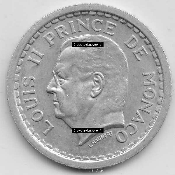 Grau bzw. s/w Alte Münzen Monaco Umlaufmünze Einzelansicht 1943-1943, 2 Franken 1943-1 in Aluminium, LOUIS II PRINCE DE MONACO, 2 FRANCS DEO JUVANTE. Vorderseite der alten Umlaufmünze... Sammlung Graustufen
