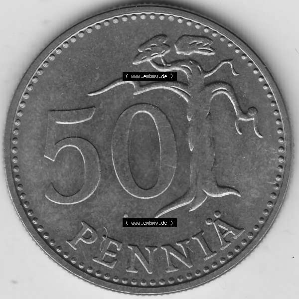 Grau bzw. s/w Alte Münzen KMS Finnland, Kursmünzensatz 1978 in Stempelglanz 1963-1990, 50 Penny 1978-1. Rückseite mit Wert-Zahl bzw. Nennwert einer Münze aus offiziellen... Sammlung Graustufen