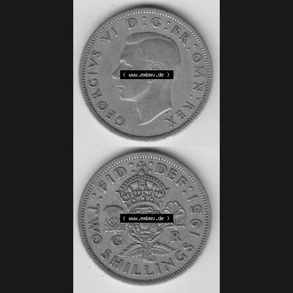 Grau bzw. s/w Alte Münzen Großbritannien Umlaufmünze 1949-1951, 2 Schilling, Shillings (Florin) 1951-2, George VI, GEORGIVS VI DG BR OMN REX, FID DEF TWO SHILLINGS.... Sammlung Graustufen