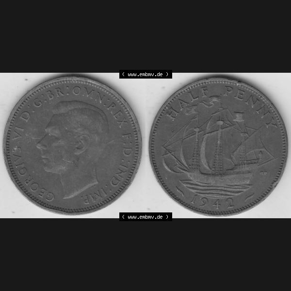 Grau bzw. s/w Alte Münzen Großbritannien Umlaufmünze 1937-1948, Half Penny, 1942-1, George VI, HALF PENNY HP, Segelschiff. Vorderseite und Rückseite horizontal... Sammlung Graustufen