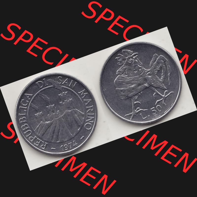 Bildmaterial Münzensatz / KMS 1974 aus San Marino 1974-1974, 50 Lire, L.50 MINGUZZI MONASSI INC.. Vorderseite und Rückseite als horizontales Bildmaterial... Sammlung