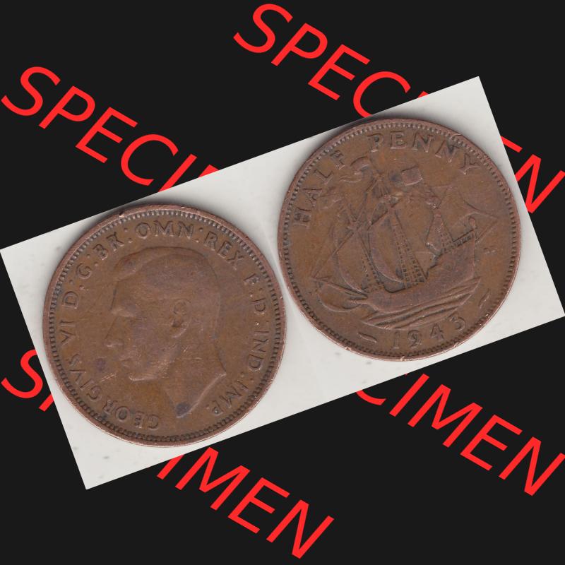 Alte Münzen Großbritannien Umlaufmünze 1937-1948, Half Penny, 1943-1, George VI, HALF PENNY HP, Segelschiff. Vorderseite und Rückseite horizontal... Sammlung