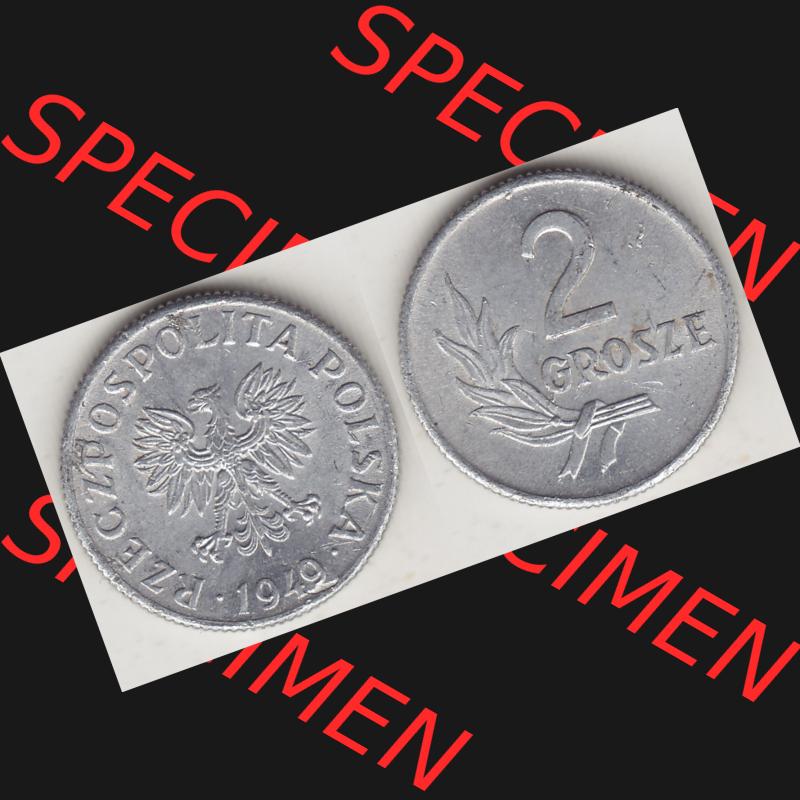 Münzen Polen KMS, Kursmünzensatz 1949-1949, Republik Polen 2 Grosze, Groschen, Aluminium 1949-1. Vorderseite und Rückseite horizontal mit Wert-Zahl / Wert-Angabe... Sammlung