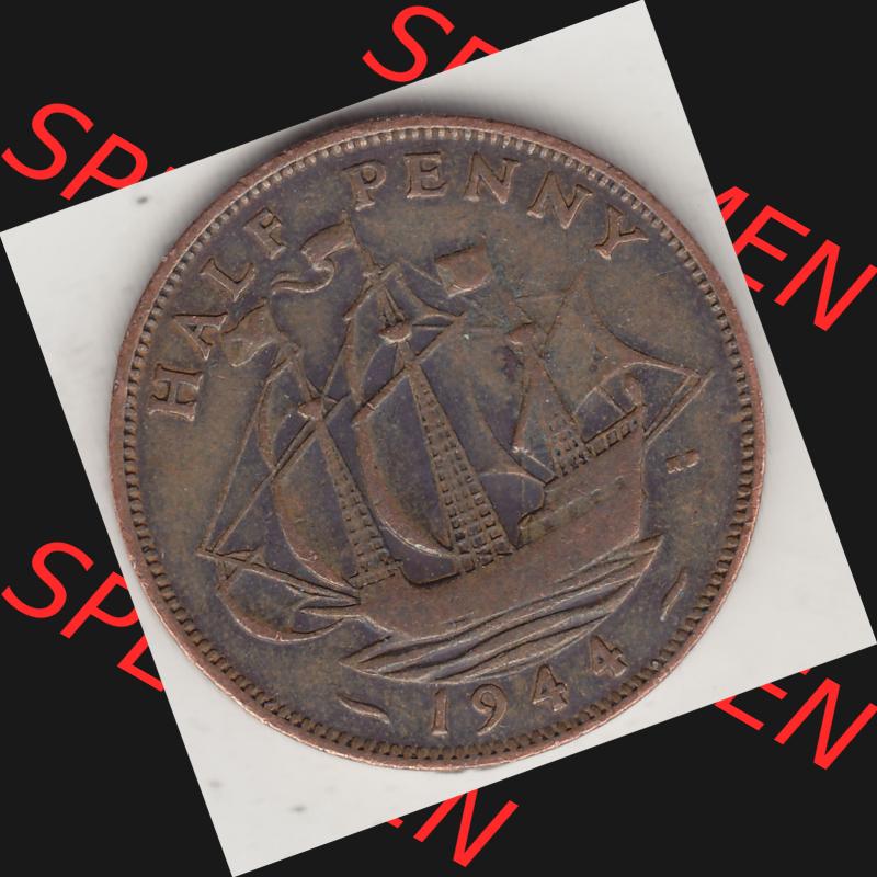 Alte Münzen Großbritannien Umlaufmünze 1937-1948, Half Penny, 1944-1, George VI, HALF PENNY HP, Segelschiff. Rückseite der alten britischen Münze... Sammlung