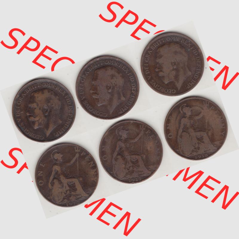 Alte Münzen Großbritannien Umlaufmünze 1912-1918, 1912, 1917, 1918 One Penny, 1 Penny George V. Ein Satz alter Münzen aus Großbritannien Zeitraum... Sammlung