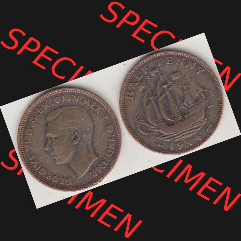 Alte Münzen Großbritannien Umlaufmünze 1937-1948, Half Penny, 1944-1, George VI, HALF PENNY HP, Segelschiff. Vorderseite und Rückseite horizontal... Sammlung