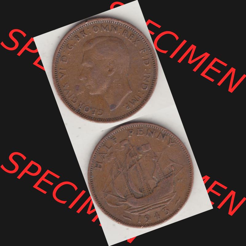 Alte Münzen Großbritannien Umlaufmünze 1937-1948, Half Penny, 1943-1, George VI, HALF PENNY HP, Segelschiff. Vorderseite und Rückseite vertikal... Sammlung