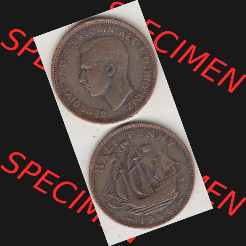 Alte Münzen Großbritannien Umlaufmünze 1937-1948, Half Penny, 1944-1, George VI, HALF PENNY HP, Segelschiff. Vorderseite und Rückseite vertikal... Sammlung