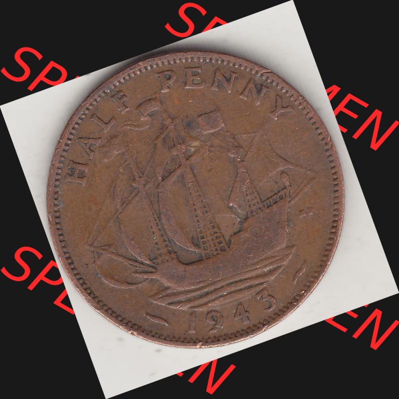 Alte Münzen Großbritannien Umlaufmünze 1937-1948, Half Penny, 1943-1, George VI, HALF PENNY HP, Segelschiff. Rückseite der alten britischen Münze... Sammlung
