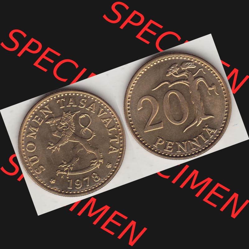 Alte Münzen KMS Finnland, Kursmünzensatz 1978 in Stempelglanz 1963-1990, 20 Penny, 1978-1. Digitales Bild / Bildmaterial mit Vorderseite und Rückseite einer... Sammlung