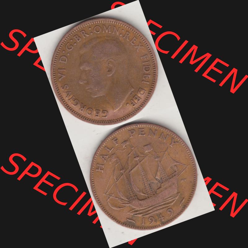 Alte Münzen Großbritannien Umlaufmünze 1949-1952, Half Penny, 1949-1, George VI, HALF PENNY HP, Segelschiff. Vorderseite und Rückseite vertikal... Sammlung