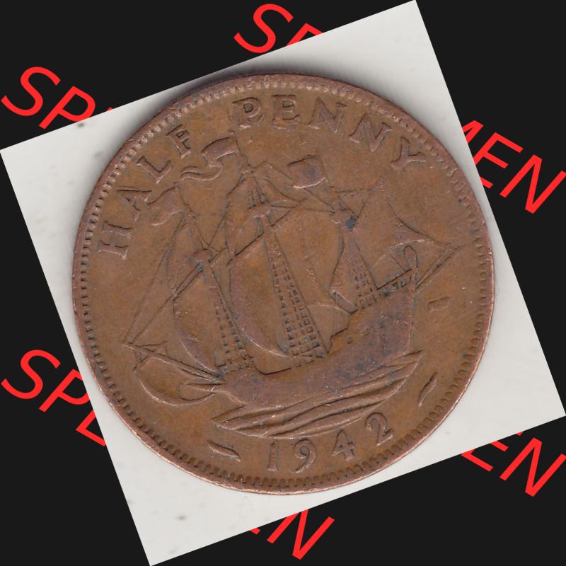 Alte Münzen Großbritannien Umlaufmünze 1937-1948, Half Penny, 1942-2, George VI, HALF PENNY HP, Segelschiff. Rückseite der alten britischen Münze... Sammlung