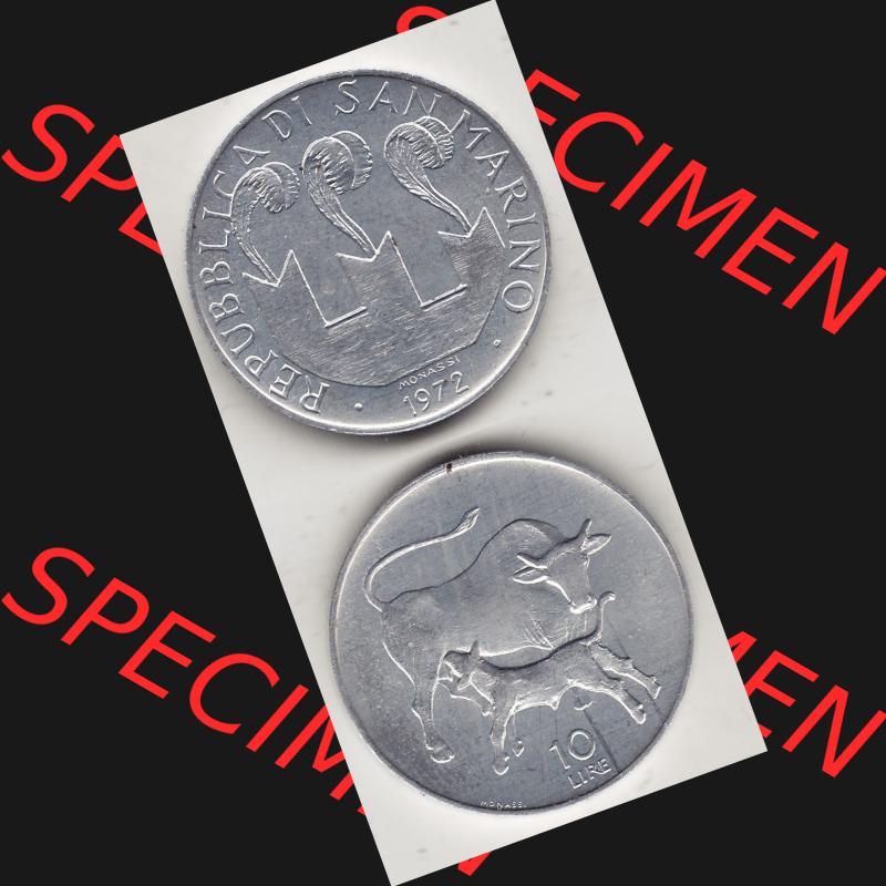 Bildmaterial Münzensatz / KMS 1972 aus San Marino 1972-1972, 10 Lire 1972, MONASSI REPUBBLICA DI SAN MARINO, 10 LIRE. Vorderseite und Rückseite einer Umlaufmünze... Sammlung