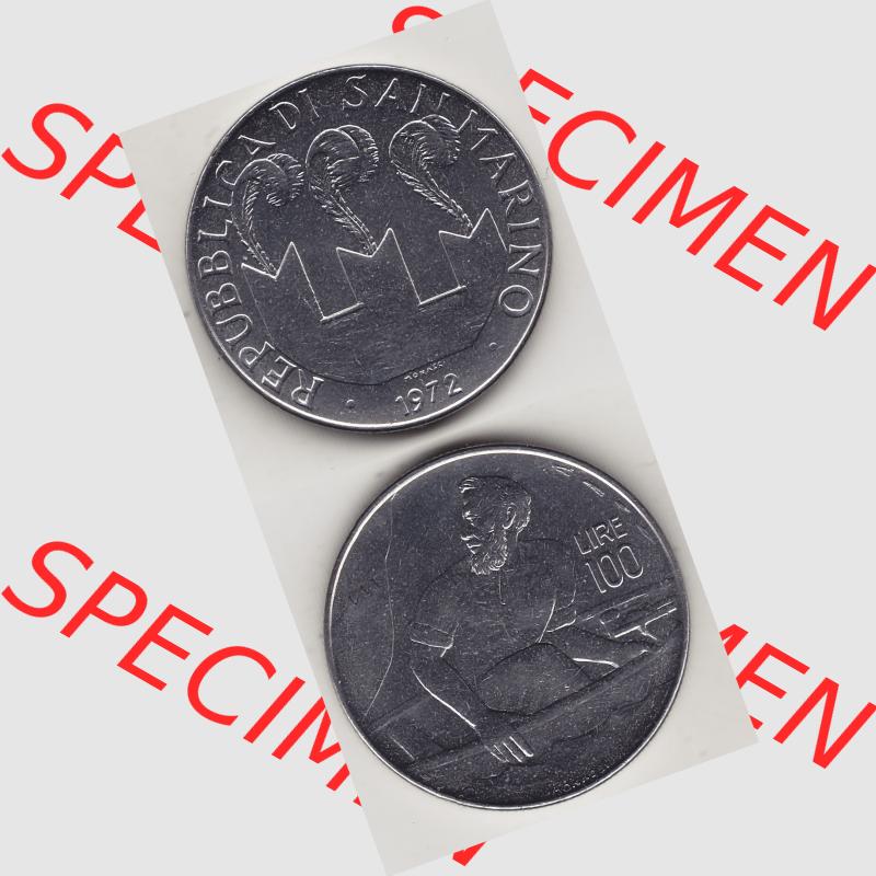Bildmaterial Münzensatz / KMS 1972 aus San Marino 1972-1972, 100 Lire von 1972, 100 LIRE MONASSI REPUBBLICA DI SAN MARINO. Vorderseite und Rückseite einer Umlaufmünze... Sammlung