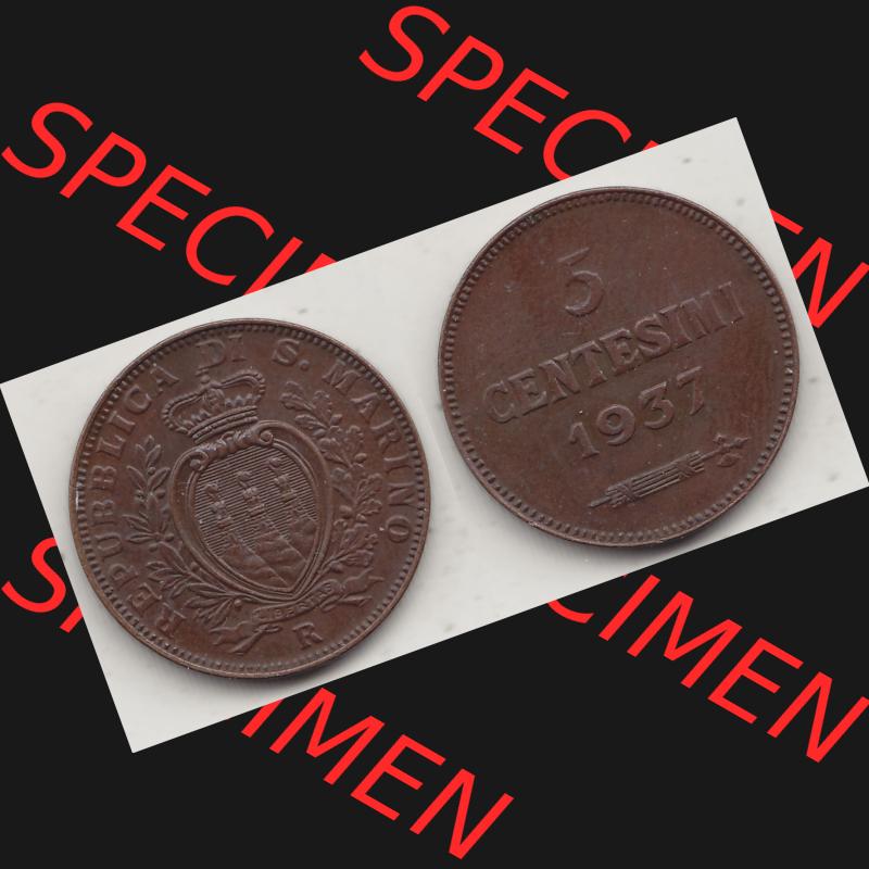 Bildmaterial Münzen aus San Marino vor 1950, 1935-1938, 5 Centesimi, Cent-Wert 1937-1, LIBERTAS REPUBBLICA DI S. MARINO, 5 CENTESIMI. Vorderseite und Rückseite... Sammlung