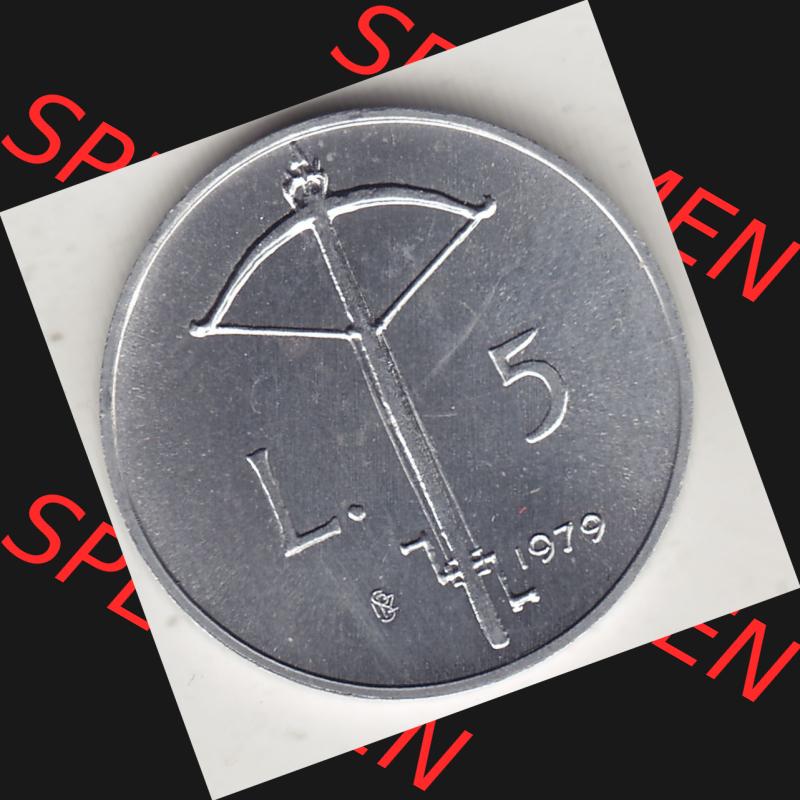 Bildmaterial Münzensatz / KMS 1979 aus San Marino 1979-1979, 5 Lire, LIBERTAS REPVBBLICA DI S. MARINO, 1979 L.5. Rückseite als Einzelansicht einer Umlaufmünze... Sammlung