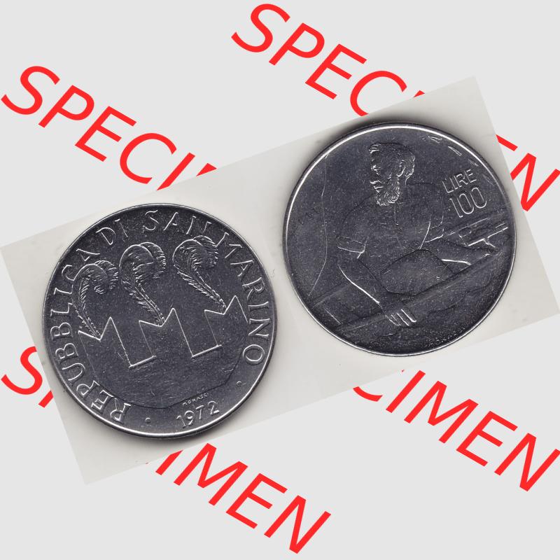 Bildmaterial Münzensatz / KMS 1972 aus San Marino 1972-1972, 100 Lire von 1972, 100 LIRE MONASSI REPUBBLICA DI SAN MARINO. Vorderseite und Rückseite einer Umlaufmünze... Sammlung