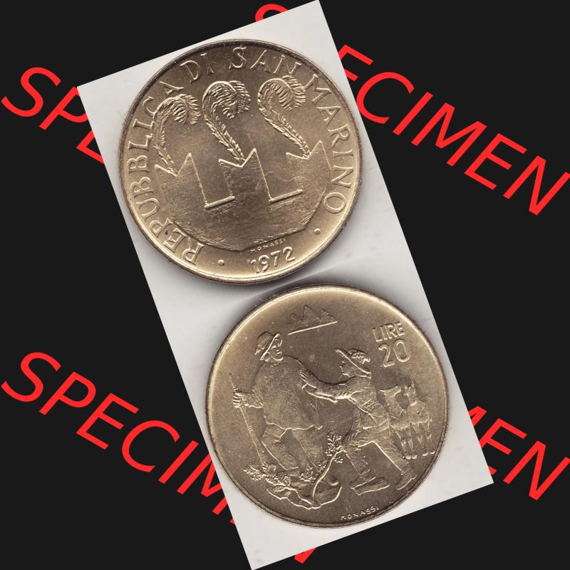 Bildmaterial Münzensatz / KMS 1972 aus San Marino 1972-1972, 20 Lire, 1972, MONASSI REPUBBLICA DI SAN MARINO. Vorderseite und Rückseite einer Umlaufmünze mit... Sammlung