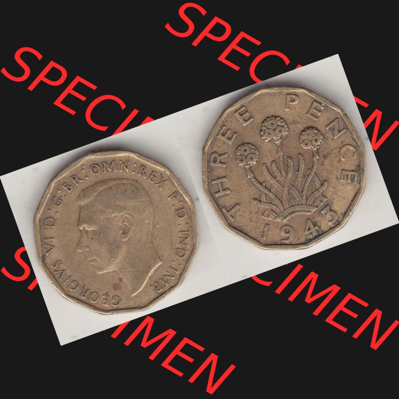 Alte Münzen Großbritannien Umlaufmünze 1937-1948, 3 Pence, Three Pence 1943-4, George VI, GEORGIVS VI D G BR OMN REX F D IND IMP. Vorderseite und Rückseite... Sammlung