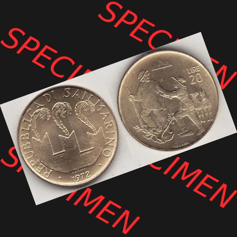 Bildmaterial Münzensatz / KMS 1972 aus San Marino 1972-1972, 20 Lire, 1972, MONASSI REPUBBLICA DI SAN MARINO. Vorderseite und Rückseite einer Umlaufmünze aus... Sammlung