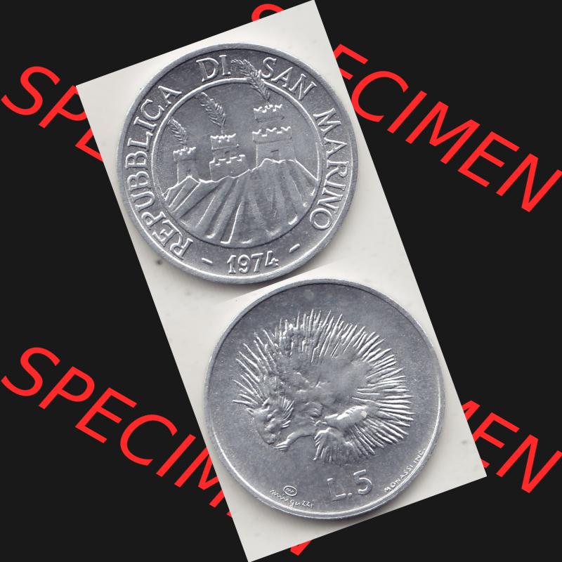 Bildmaterial Münzensatz / KMS 1974 aus San Marino 1974-1974, 5 Lire, L.5 MINGUZZI MONASSI INC.. Vorderseite und Rückseite als vertikales untereinander zusammengefügte... Sammlung