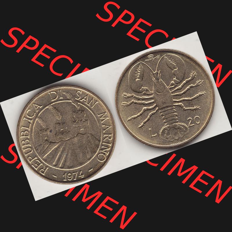 Bildmaterial Münzensatz / KMS 1974 aus San Marino 1974-1974, 20 Lire, L.20 MINGUZZI MONASSI INC.. Vorderseite und Rückseite als horizontales Bildmaterial... Sammlung