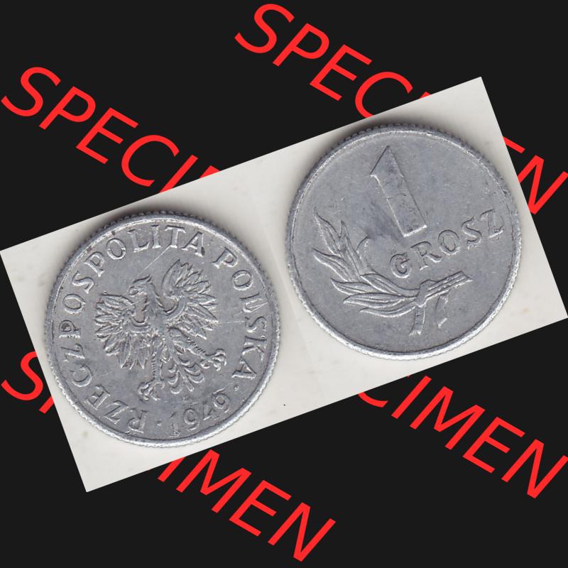 Münzen Polen KMS, Kursmünzensatz 1949-1949, Republik Polen 1 Grosz, Groschen, Aluminium 1949-1. Vorderseite und Rückseite horizontal mit Wert-Zahl / Wert-Angabe... Sammlung