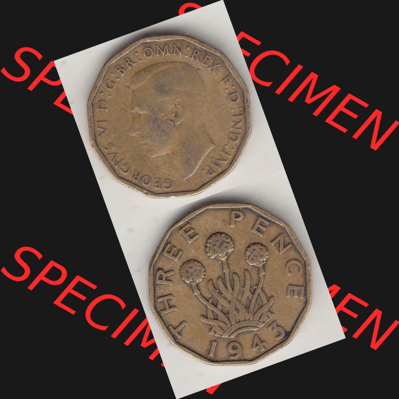 Alte Münzen Großbritannien Umlaufmünze 1937-1948, 3 Pence, Three Pence 1943-3, George VI, GEORGIVS VI D G BR OMN REX F D IND IMP. Vorderseite und Rückseite... Sammlung