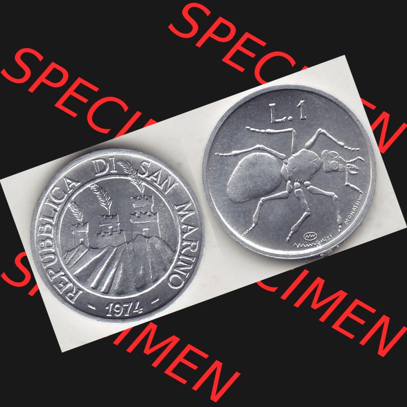 Bildmaterial Münzensatz / KMS 1974 aus San Marino 1974-1974, 1 Lire, 1 Lira, L.1 MINGUZZI MONASSI INC.. Vorderseite und Rückseite als horizontales Bildmaterial... Sammlung