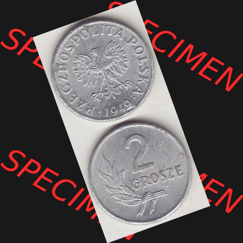 Münzen Polen KMS, Kursmünzensatz 1949-1949, Republik Polen 2 Grosze, Groschen, Aluminium 1949-1. Vorderseite und Rückseite vertikal, untereinander mit... Sammlung