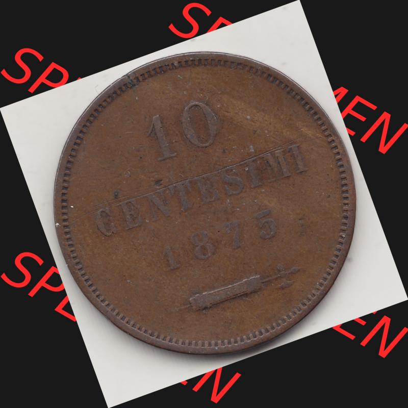 Bildmaterial Münzen aus San Marino vor 1900, 1875-1894, 10 Centesimi, Cent-Wert, 1875-1, GORI LIBERTAS REPUBBLICA DI S. MARINO, 10 CENTESIMI. Rückseite... Sammlung