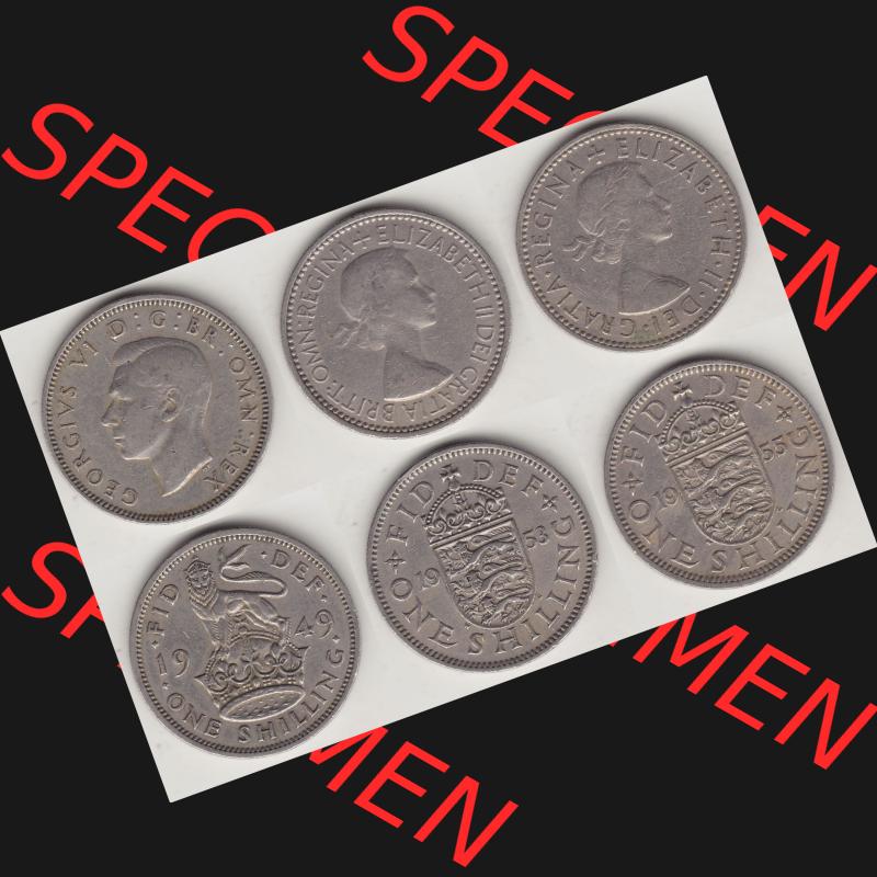 Alte Münzen Großbritannien Umlaufmünze One Shilling, 1 Schilling 1949, 1953, 1955. Ein Satz alter Münzen aus Großbritannien als Motiv vom digitalen Bild... Sammlung