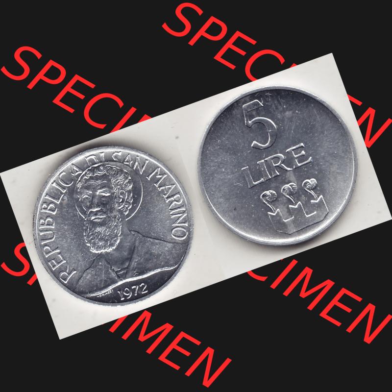 Bildmaterial Münzensatz / KMS 1972 aus San Marino 1972-1972, 5 Lire, 1972, LIRE MONASSI REPUBBLICA DI SAN MARINO. Vorderseite und Rückseite einer Umlaufmünze... Sammlung