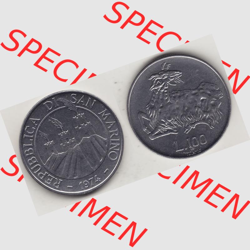 Bildmaterial Münzensatz / KMS 1974 aus San Marino 1974-1974, 100 Lire, L.100 MINGUZZI MONASSI INC.. Vorderseite und Rückseite als horizontales Bildmaterial... Sammlung